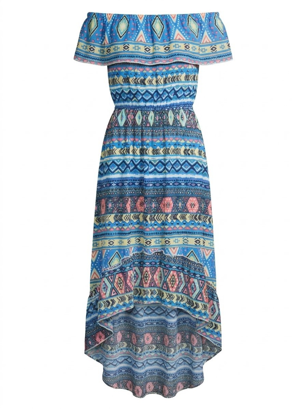 Lagaci Blue Multi-Print Off-Shoulder High-Low Maxi Dress